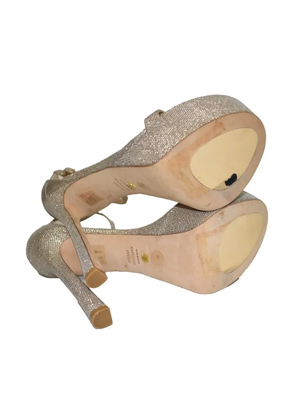 $600 STUART WEITZMAN NUDIST HOLLYWOOD PLATFORM PATENT GLITTER GOLD 9 B (PD1)